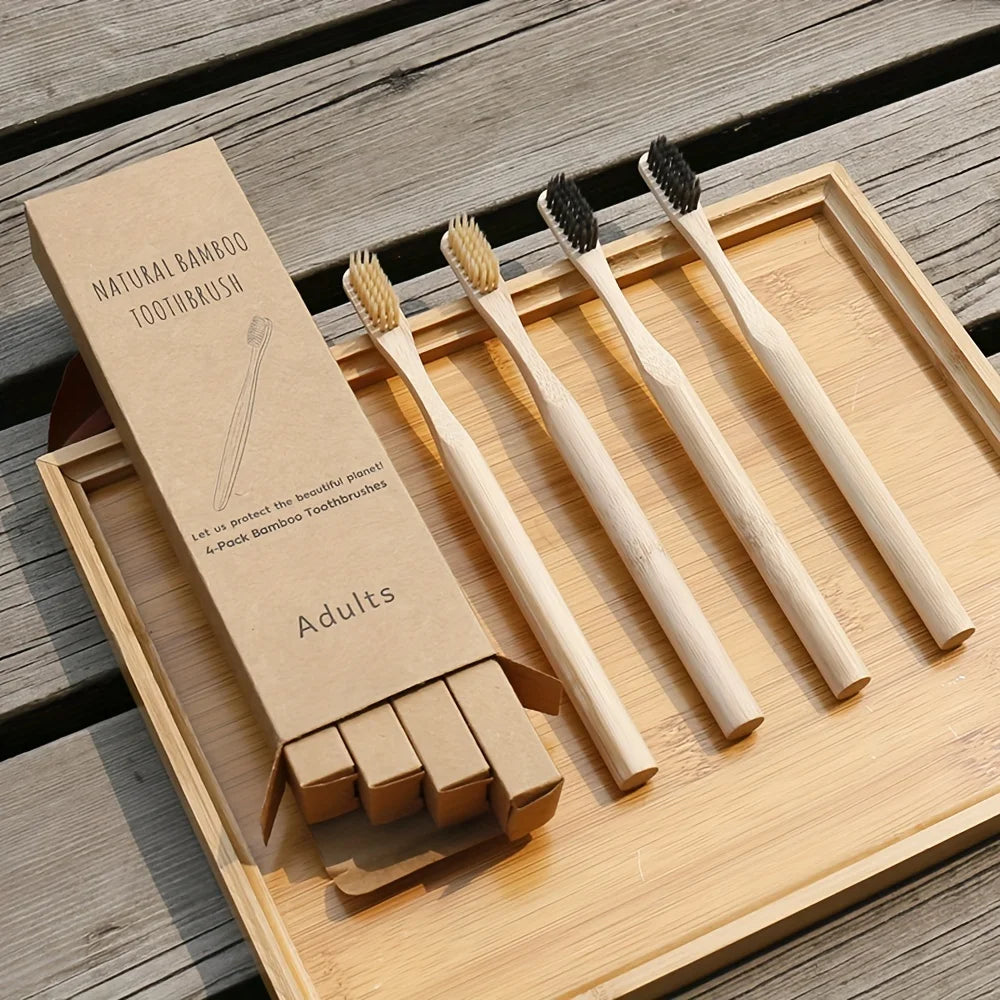 4 Bamboo Wooden Cylindrical Toothbrushes