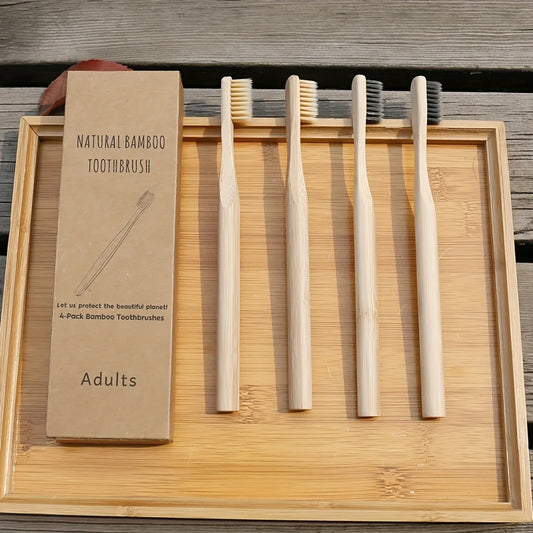 4 Bamboo Wooden Cylindrical Toothbrushes